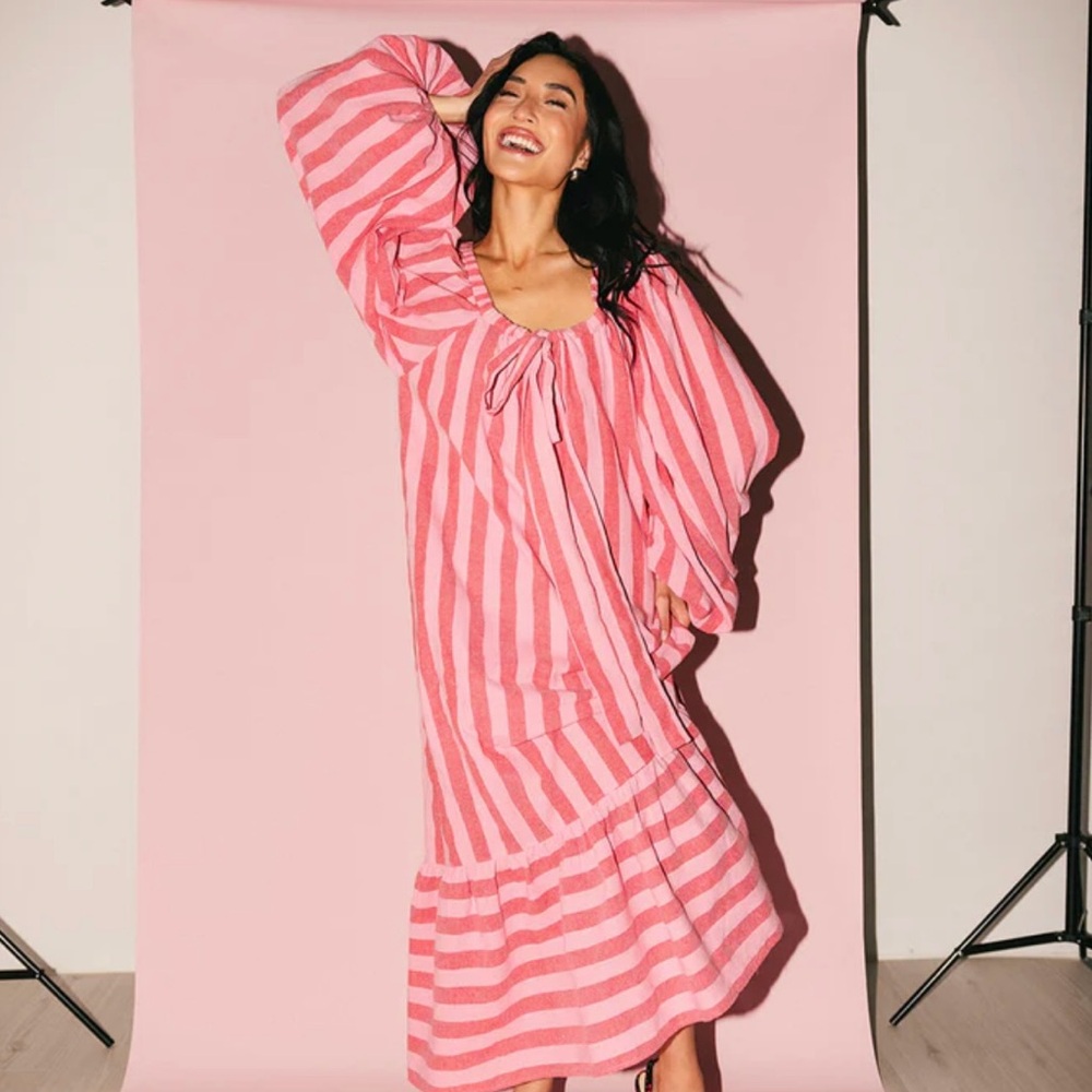 Striped Pink Maxi Dress with Balloon Sleeves
